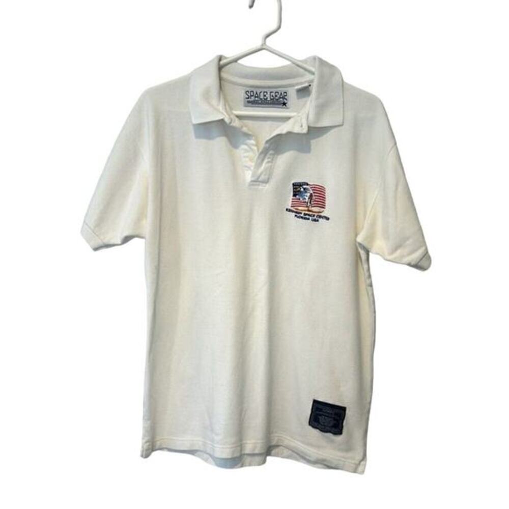 Vtg Polo NASA Kennedy‎ Space Center Florida Medium White USA Flag Bald Eagle